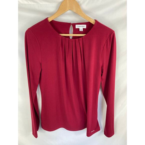 Calvin Klein Pleated Neck Red Long Sleeve Blouse Size Medium - Picture 1 of 3